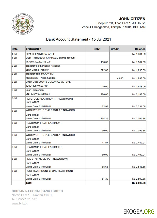 Modèle de relevé de la Banque nationale du Bhoutan facile à remplir au format Excel et PDF